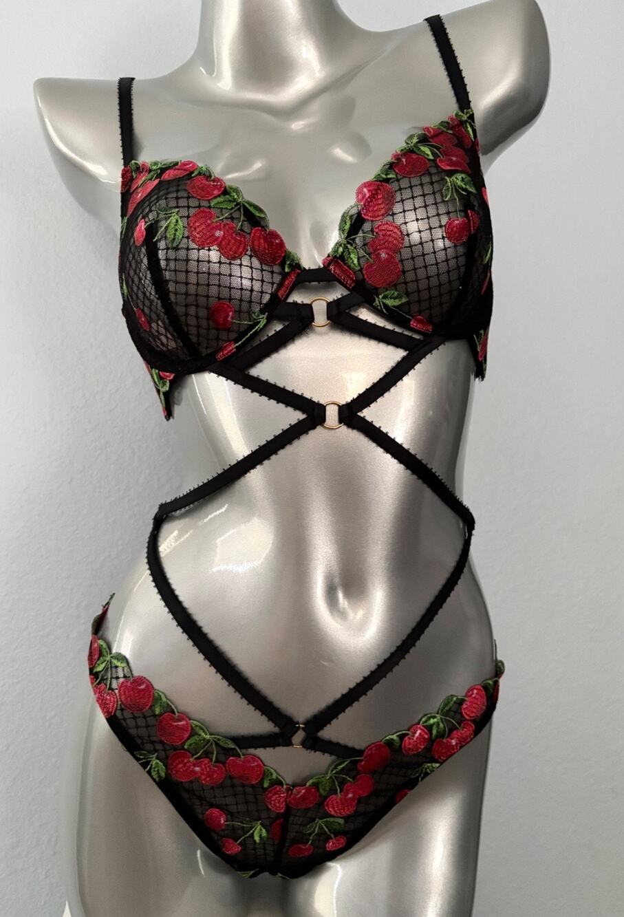 Victoria's Secret Open Strappy Black Cherry Bodysuit Teddy Nwt XS